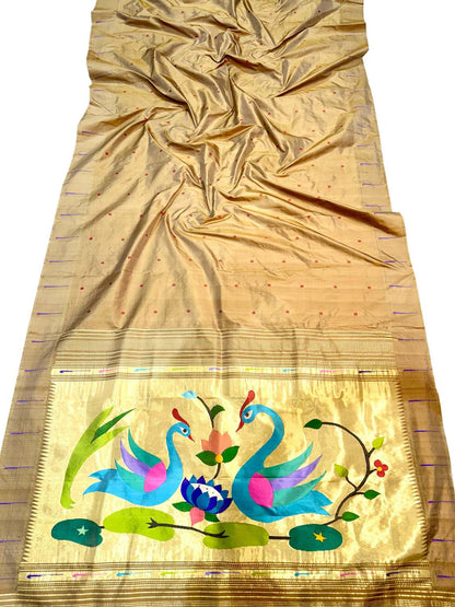 Golden Paithani Handloom Pure Silk Single Muniya Bird Design Saree - Luxurion World
