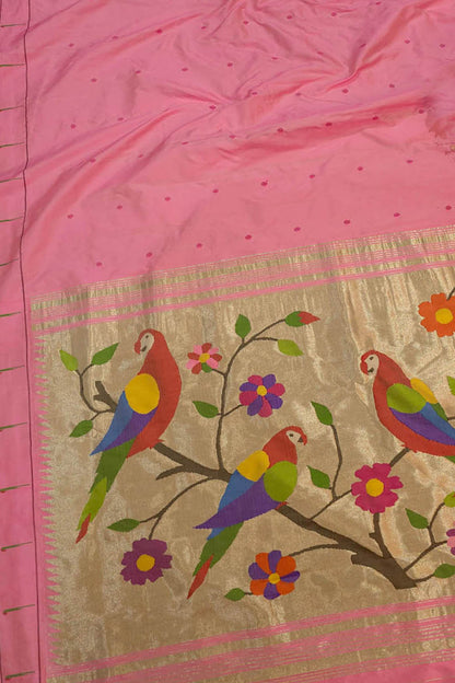 Pink Paithani Handloom Pure Silk Single Muniya Bird Design Saree - Luxurion World