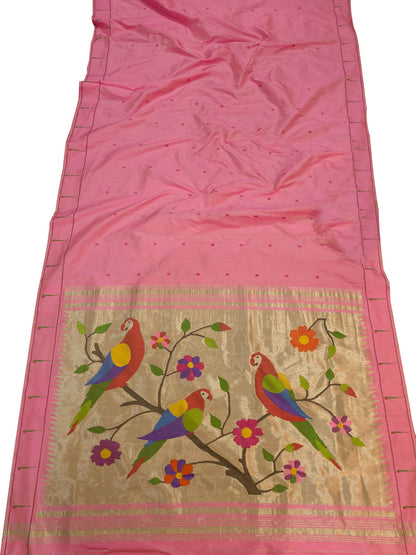 Pink Paithani Handloom Pure Silk Single Muniya Bird Design Saree - Luxurion World