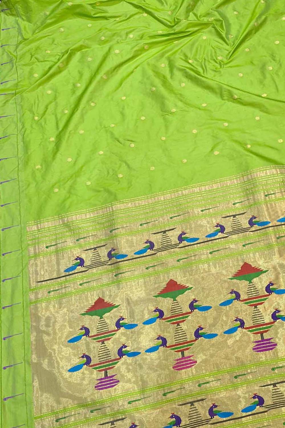 Green Paithani Handloom Pure Silk Single Muniya Peacock Design Saree - Luxurion World