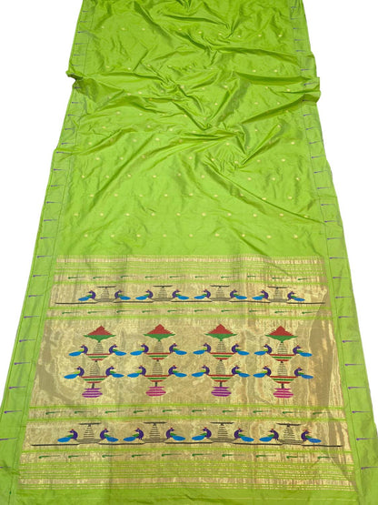 Green Paithani Handloom Pure Silk Single Muniya Peacock Design Saree - Luxurion World