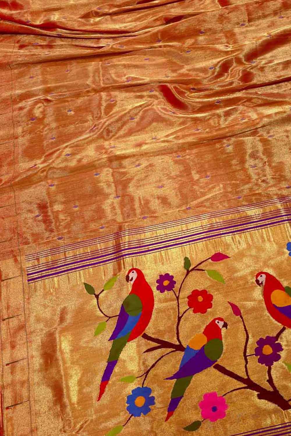 Golden Paithani Handloom Pure Silk Single Muniya Parrot Design Saree - Luxurion World