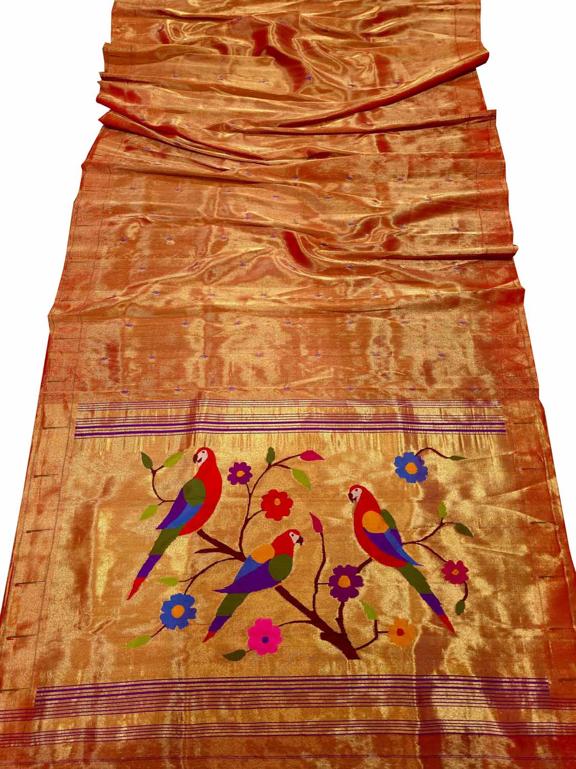 Golden Paithani Handloom Pure Silk Single Muniya Parrot Design Saree - Luxurion World