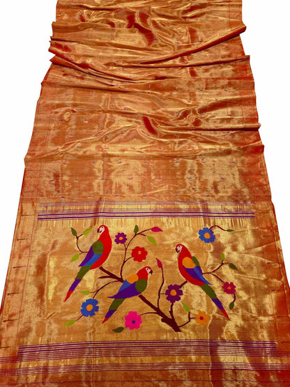 Golden Paithani Handloom Pure Silk Single Muniya Parrot Design Saree - Luxurion World