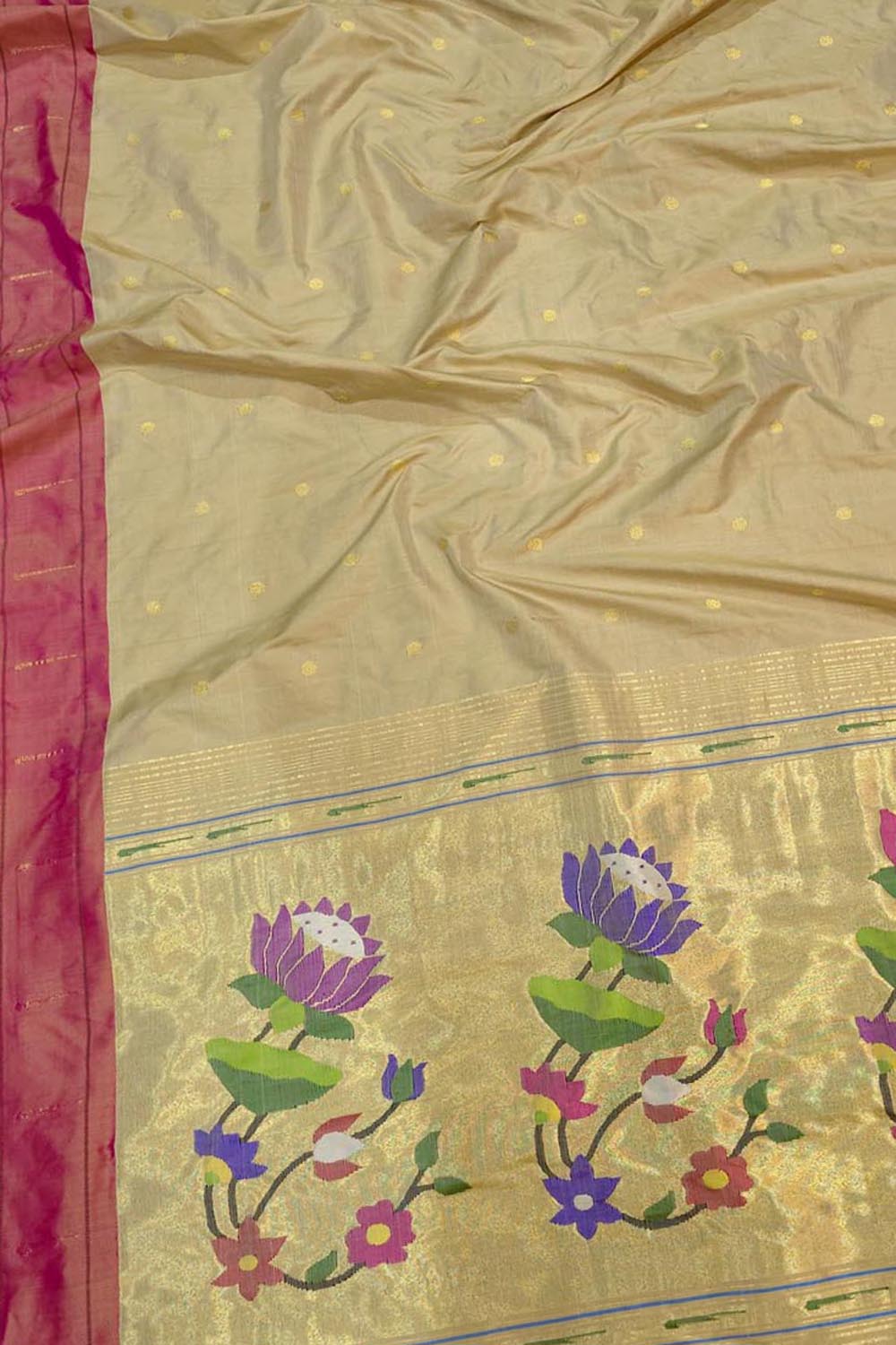 Golden Paithani Handloom Pure Silk Single Muniya Flower Design Saree - Luxurion World