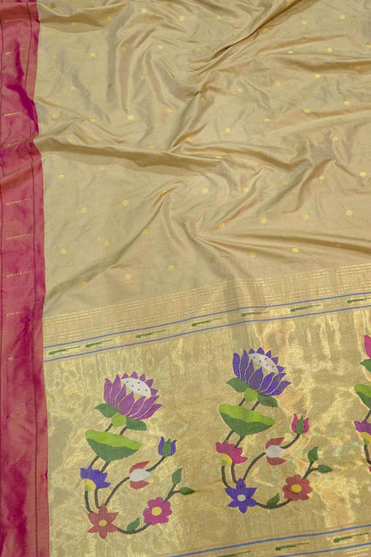 Golden Paithani Handloom Pure Silk Single Muniya Flower Design Saree - Luxurion World