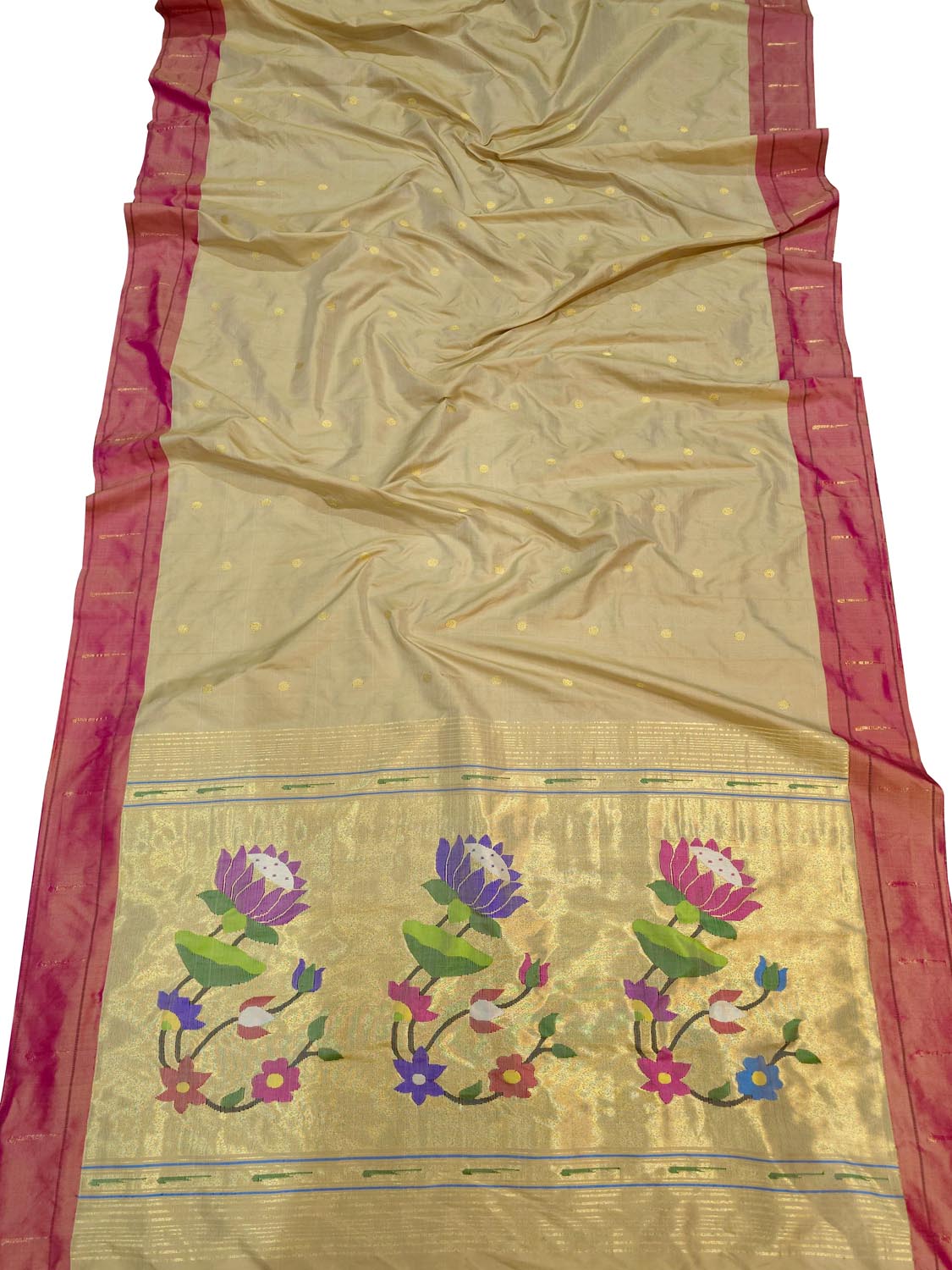 Golden Paithani Handloom Pure Silk Single Muniya Flower Design Saree - Luxurion World