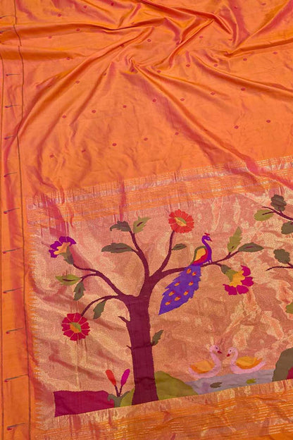 Orange Paithani Handloom Pure Silk Single Muniya Flower And Peacock Design Saree - Luxurion World