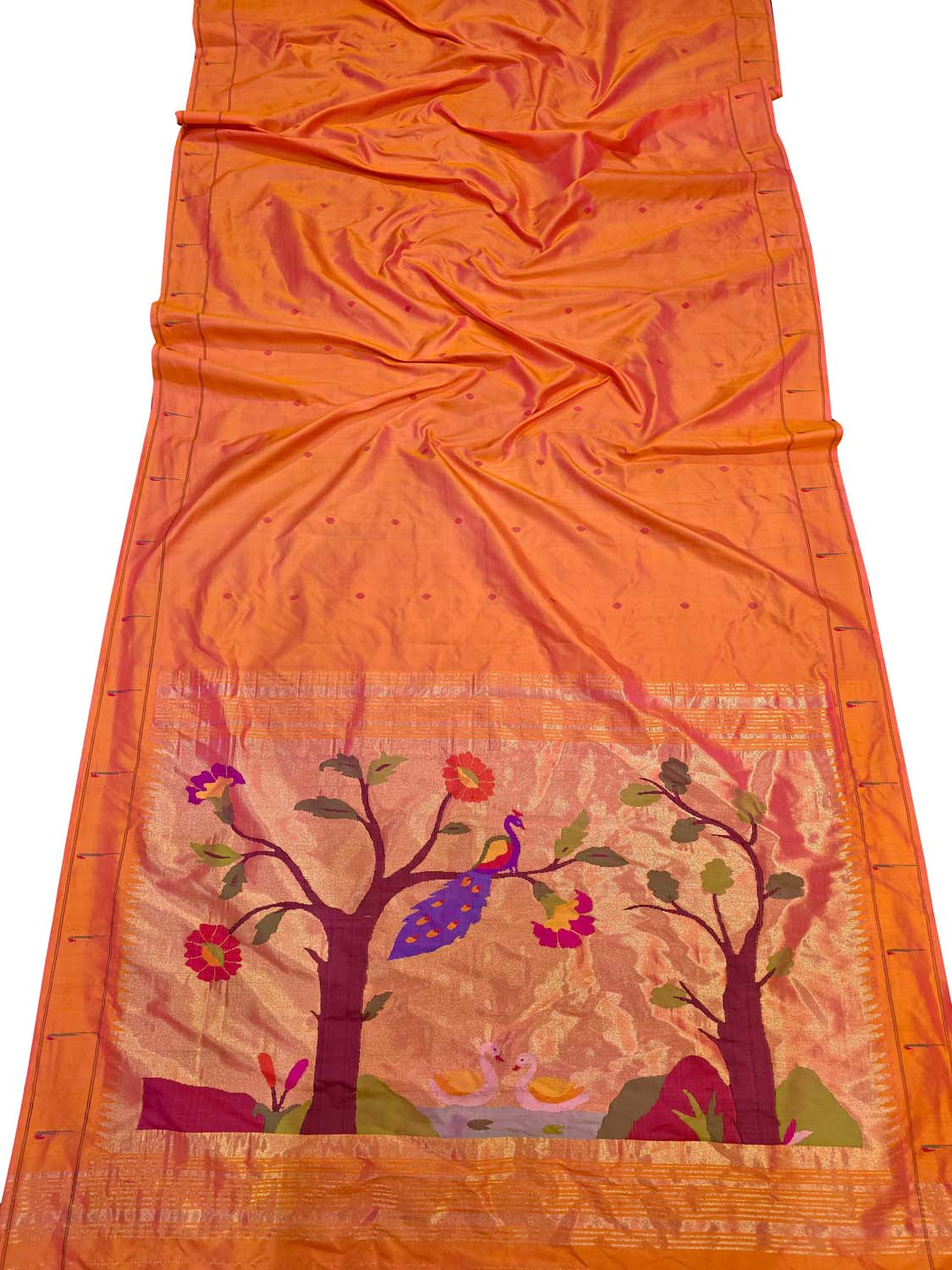 Orange Paithani Handloom Pure Silk Single Muniya Flower And Peacock Design Saree - Luxurion World