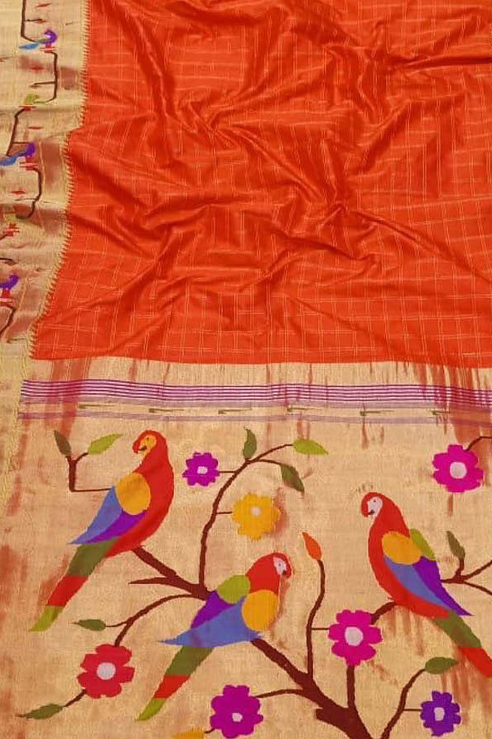 Orange Paithani Handloom Pure Silk Muniya Border Flower And Parrot Design Saree - Luxurion World