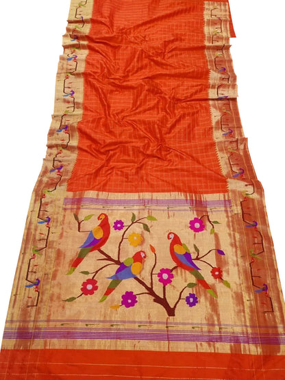 Orange Paithani Handloom Pure Silk Muniya Border Flower And Parrot Design Saree - Luxurion World