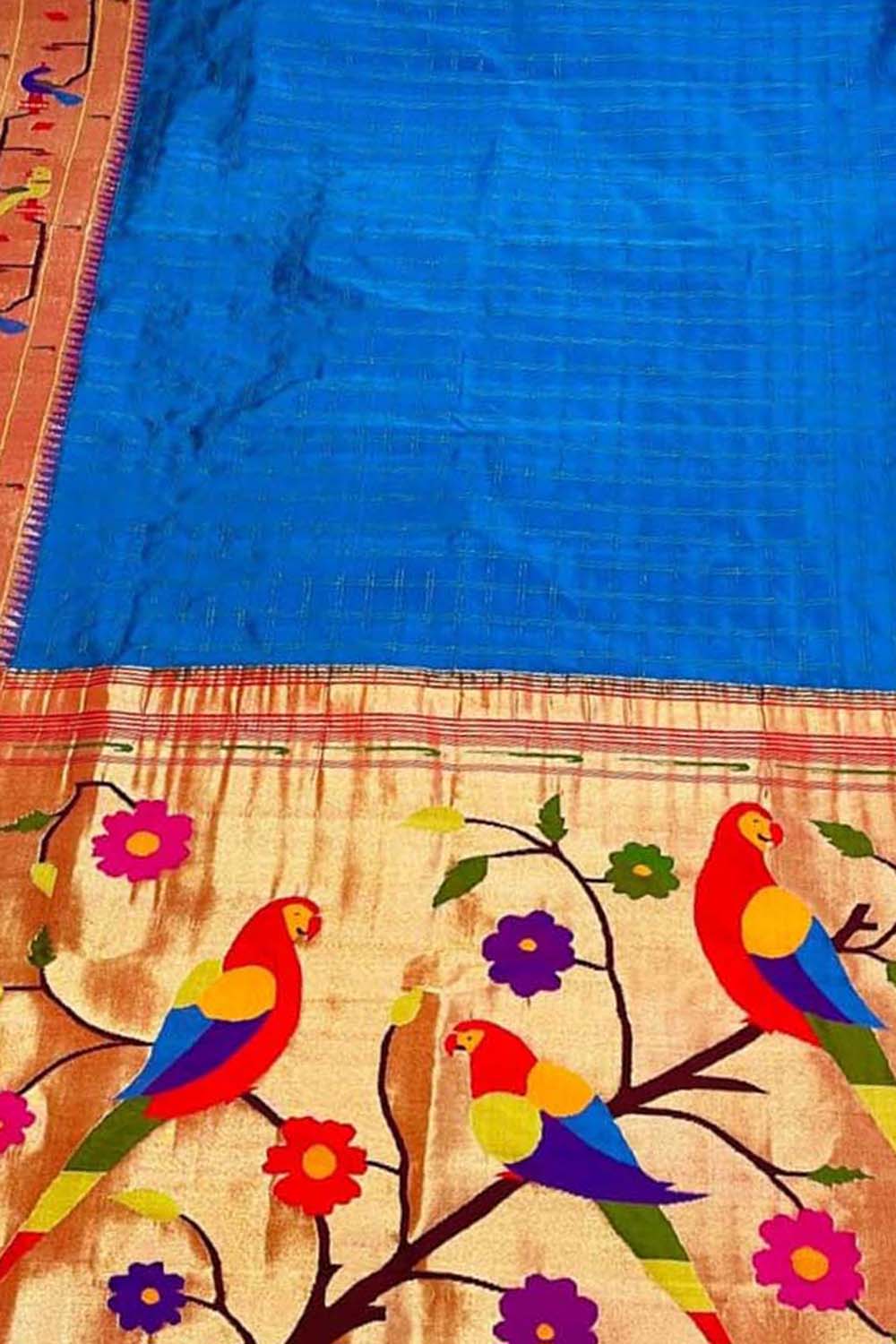 Blue Paithani Handloom Pure Silk Muniya Border Flower And Parrot Design Saree - Luxurion World