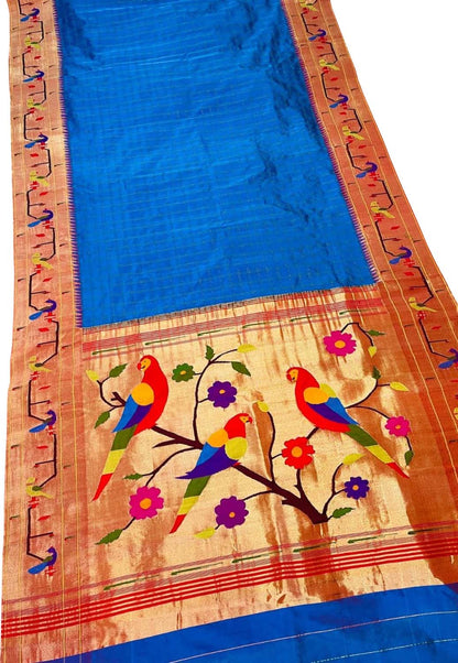 Blue Paithani Handloom Pure Silk Muniya Border Flower And Parrot Design Saree - Luxurion World