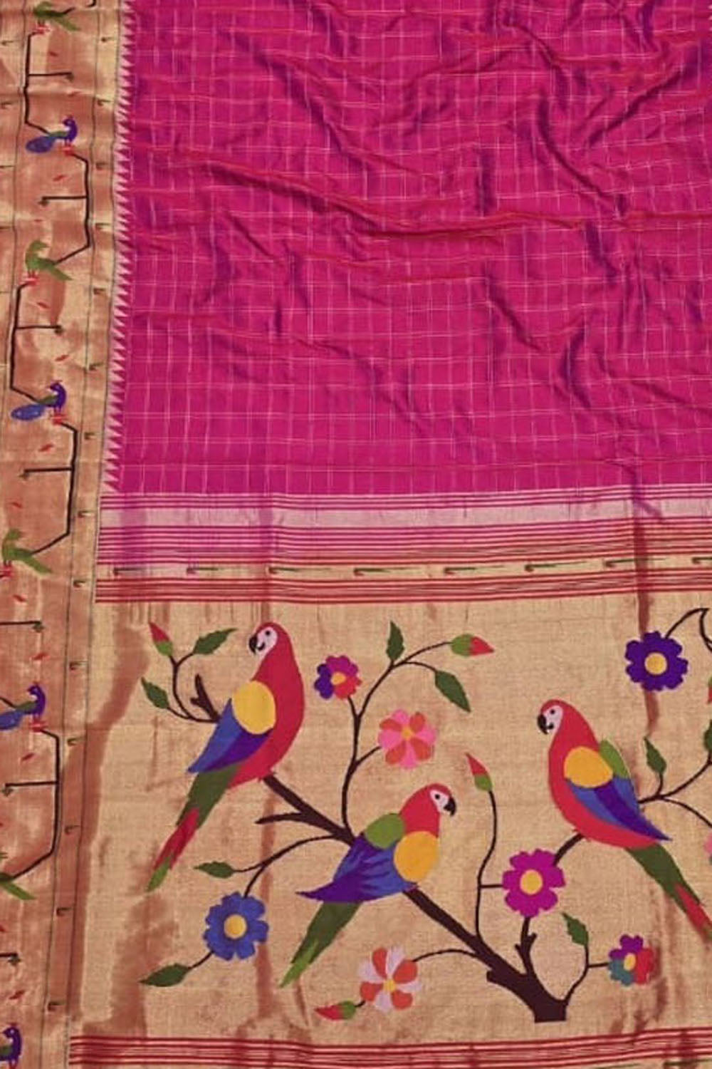 Pink Paithani Handloom Pure Silk Muniya Border Flower And Parrot Design Saree - Luxurion World