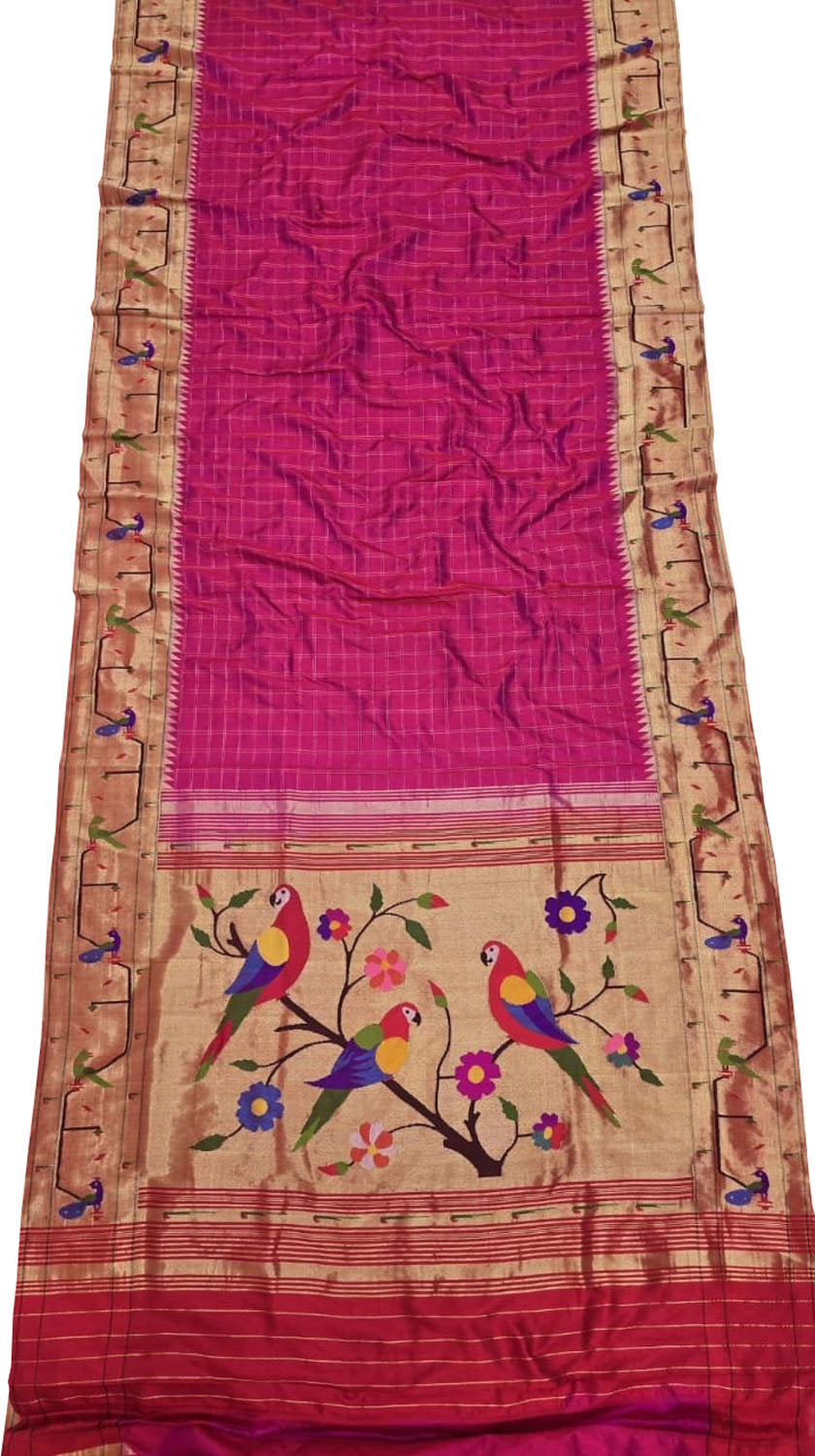Pink Paithani Handloom Pure Silk Muniya Border Flower And Parrot Design Saree - Luxurion World
