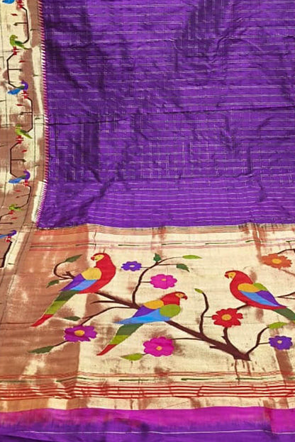 Purple Paithani Handloom Pure Silk Muniya Border Flower And Parrot Design Saree - Luxurion World