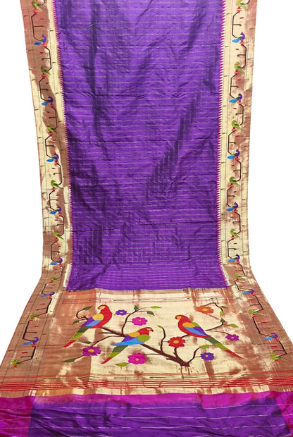 Purple Paithani Handloom Pure Silk Muniya Border Flower And Parrot Design Saree - Luxurion World