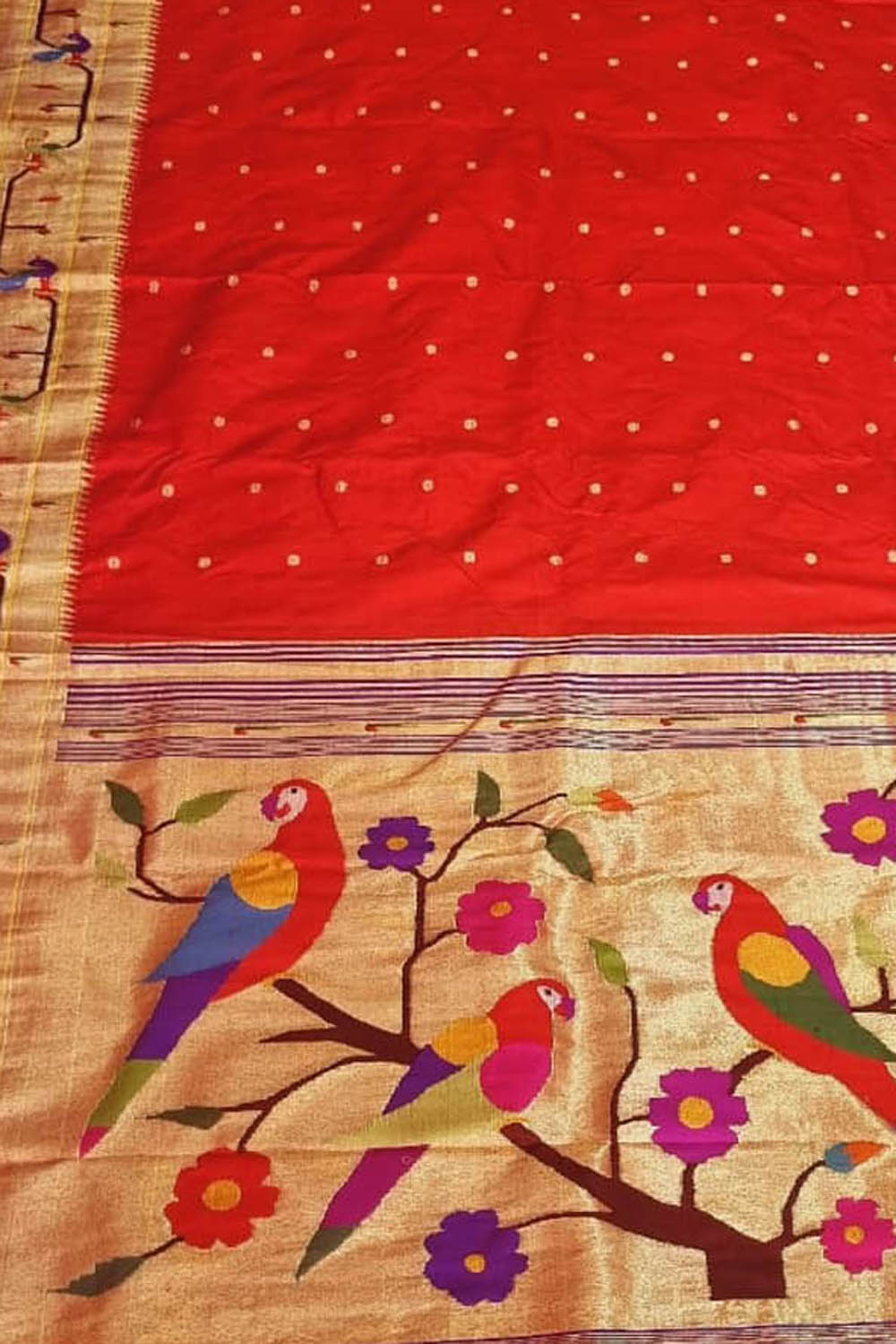 Red Paithani Handloom Pure Silk Muniya Border Flower And Parrot Design Saree - Luxurion World