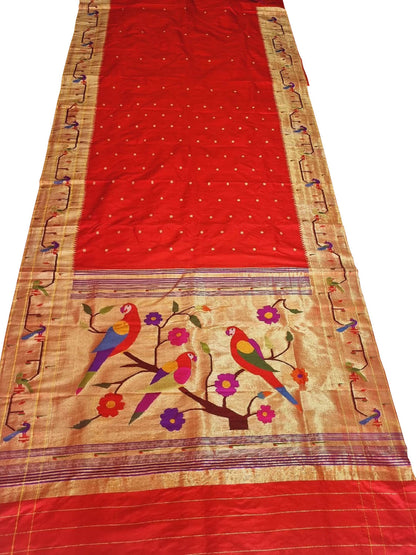Red Paithani Handloom Pure Silk Muniya Border Flower And Parrot Design Saree - Luxurion World