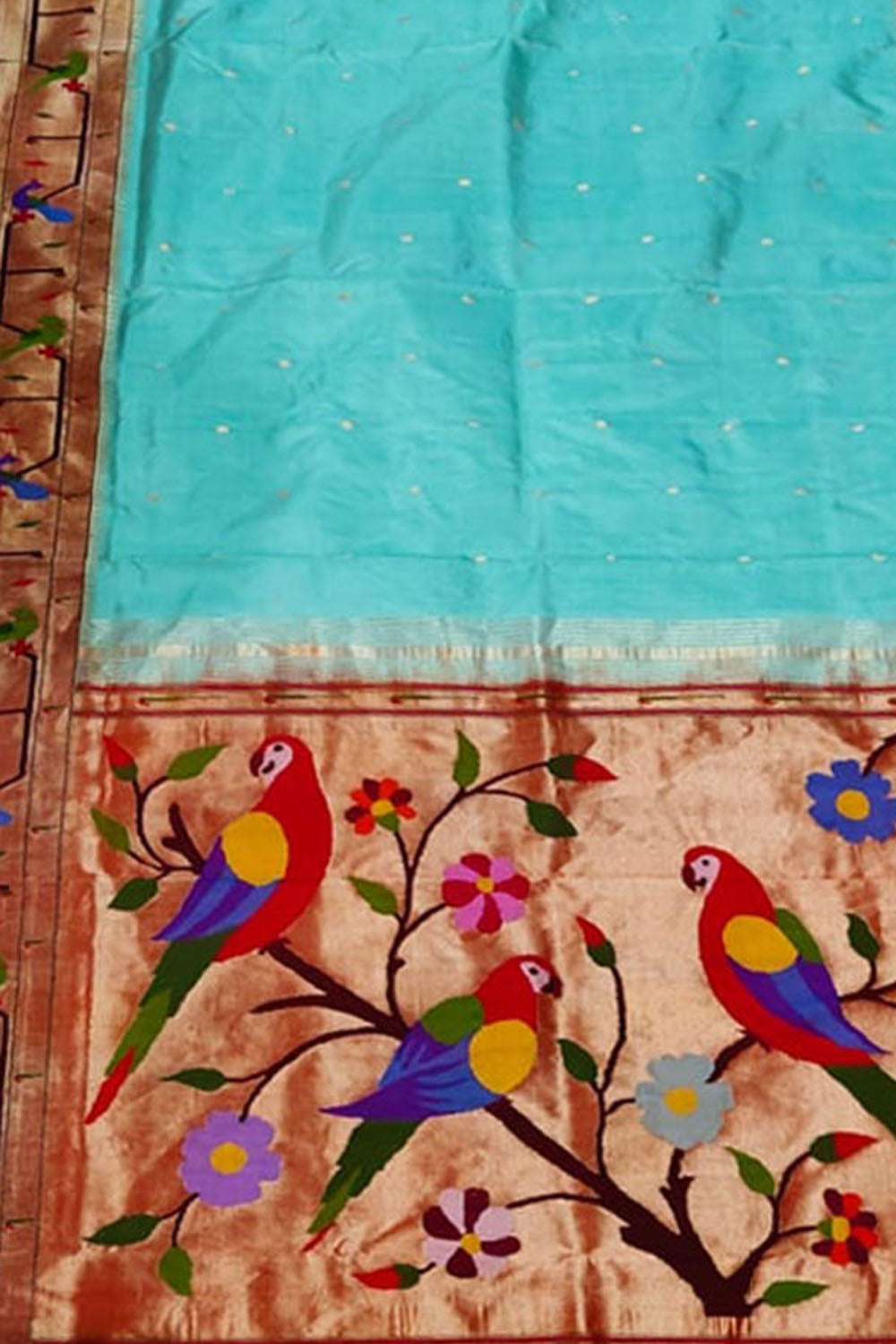 Blue Paithani Handloom Pure Silk Muniya Border Flower And Parrot Design Saree - Luxurion World