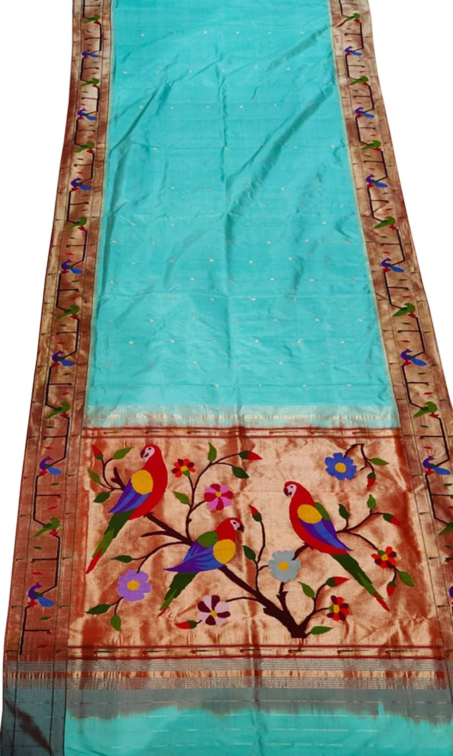 Blue Paithani Handloom Pure Silk Muniya Border Flower And Parrot Design Saree - Luxurion World