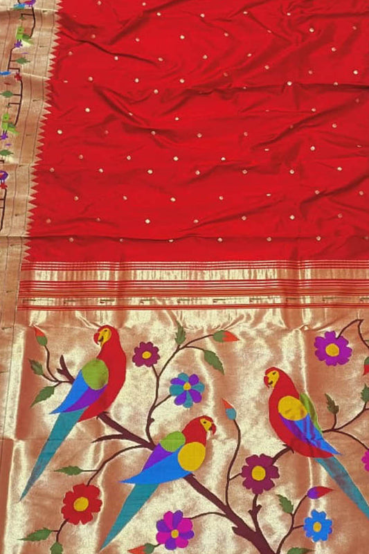 Red Paithani Handloom Pure Silk Muniya Border Flower And Parrot Design Saree - Luxurion World