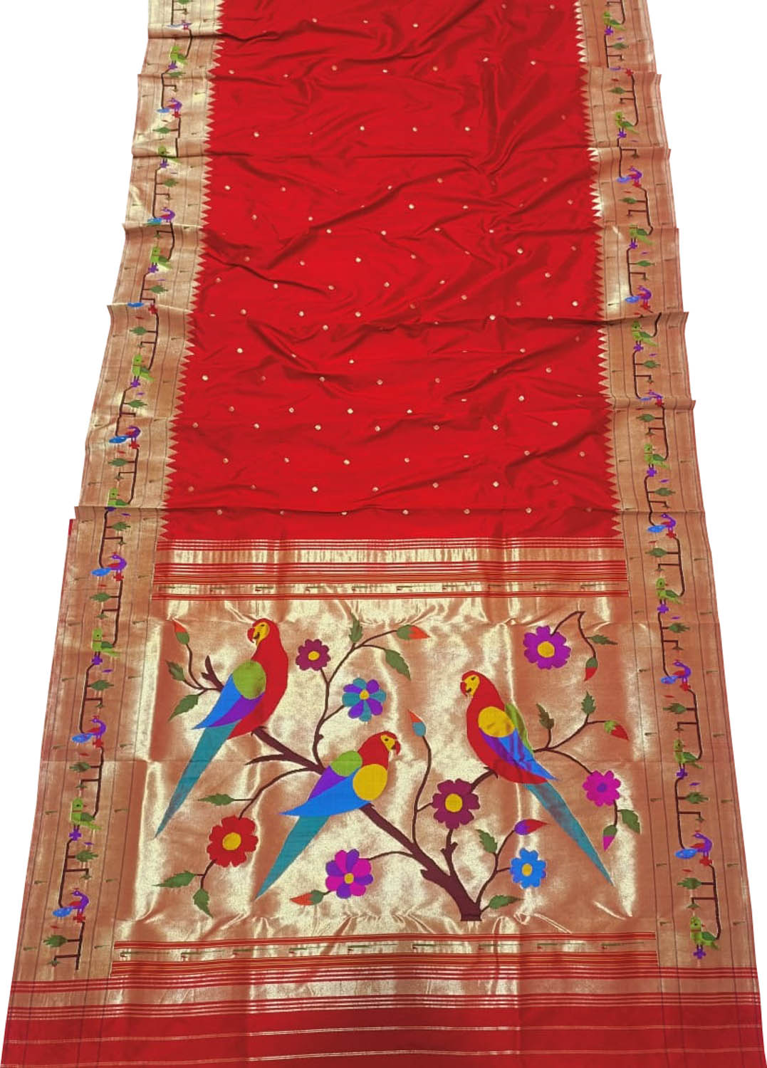 Red Paithani Handloom Pure Silk Muniya Border Flower And Parrot Design Saree - Luxurion World