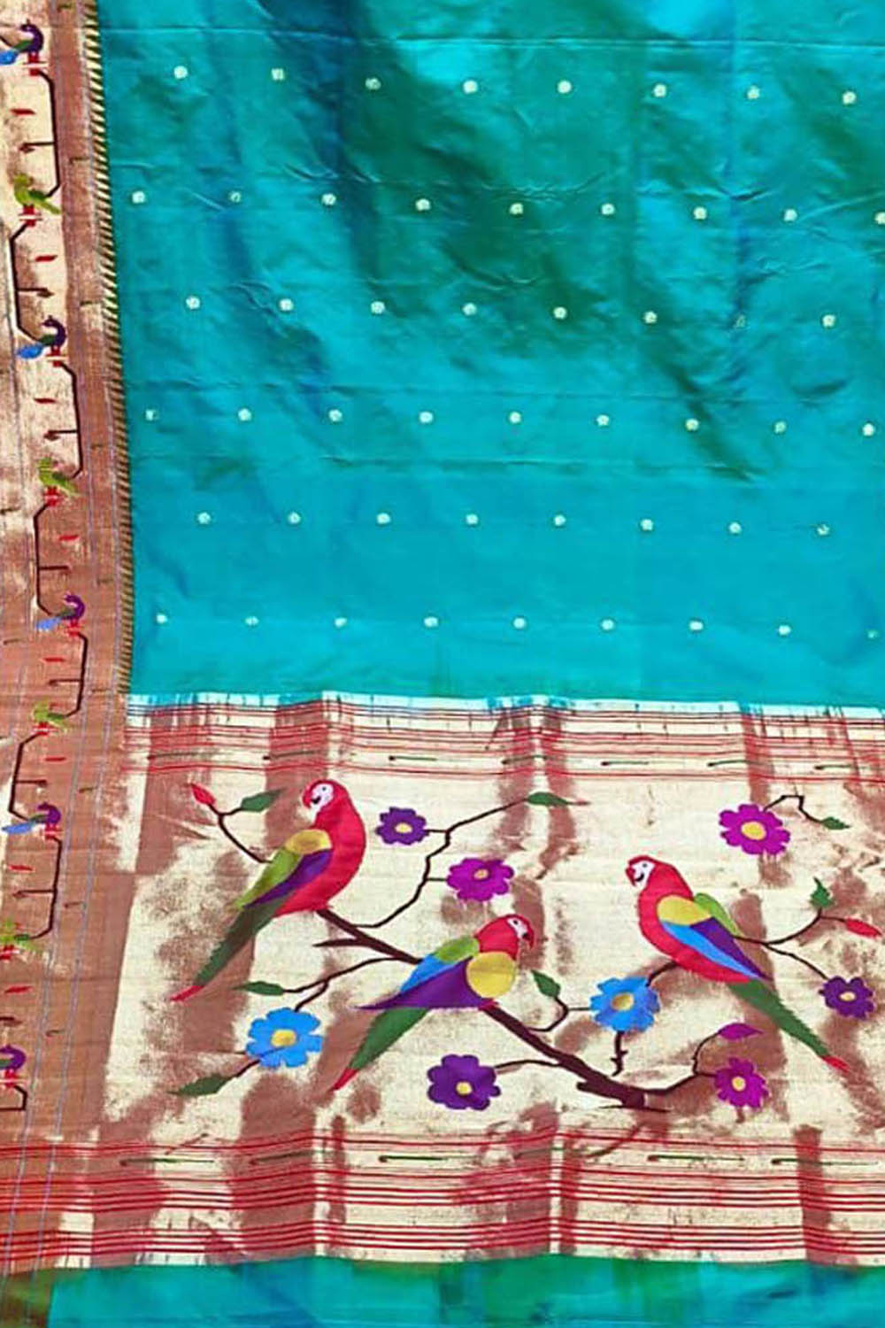 Blue Paithani Handloom Pure Silk Muniya Border Flower And Parrot Design Saree - Luxurion World