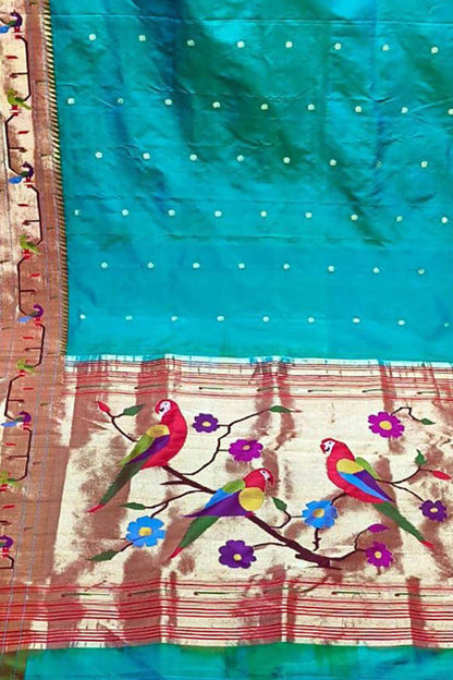 Blue Paithani Handloom Pure Silk Muniya Border Flower And Parrot Design Saree - Luxurion World