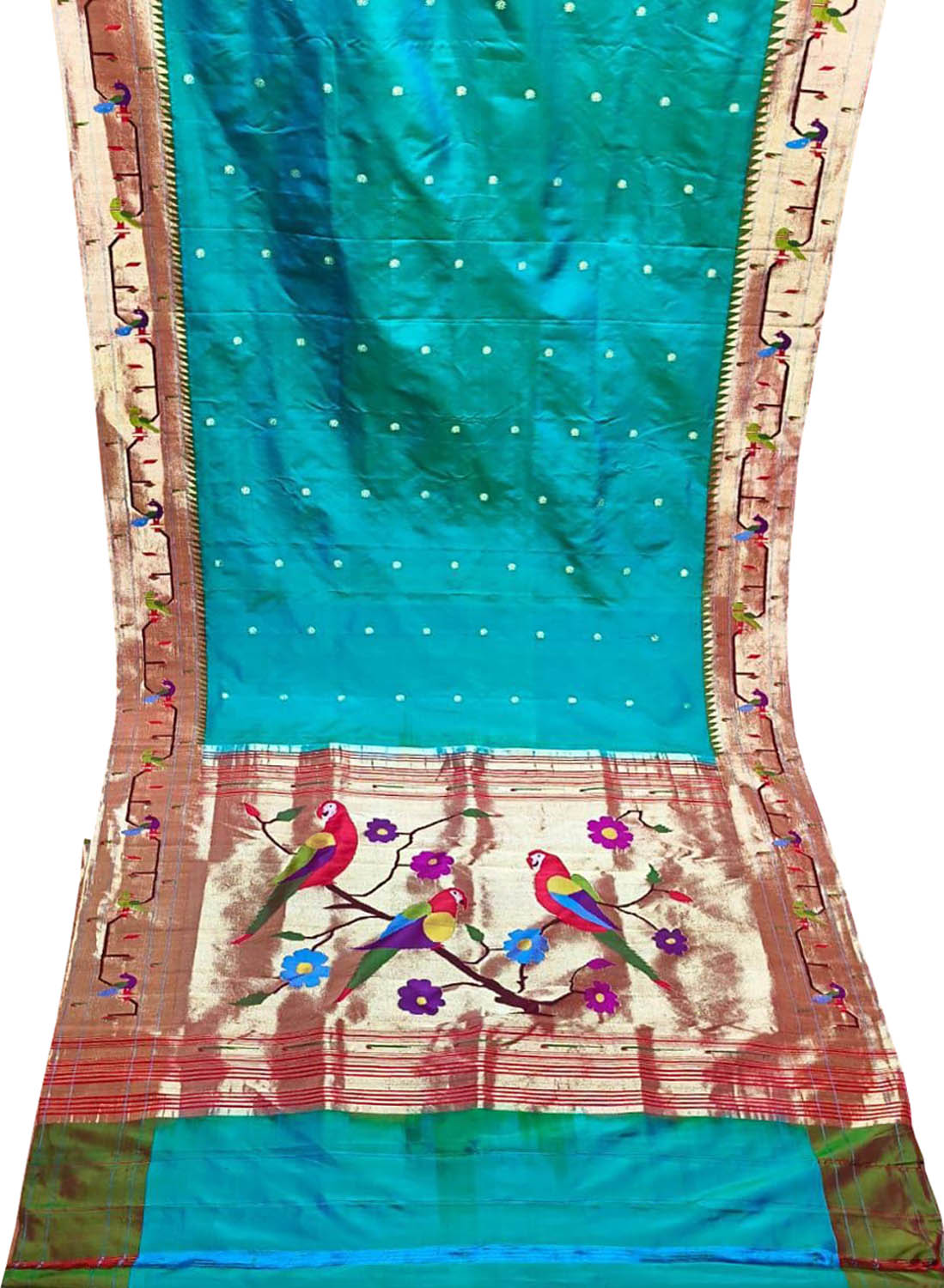 Blue Paithani Handloom Pure Silk Muniya Border Flower And Parrot Design Saree - Luxurion World