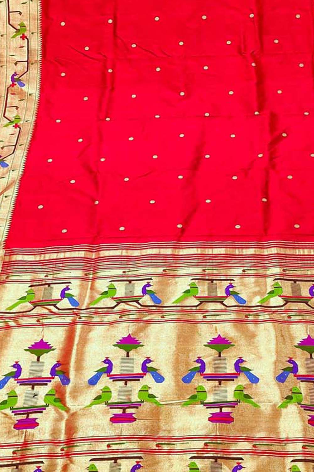 Red Paithani Handloom Pure Silk Muniya Border Flower And Peacock Design Saree - Luxurion World