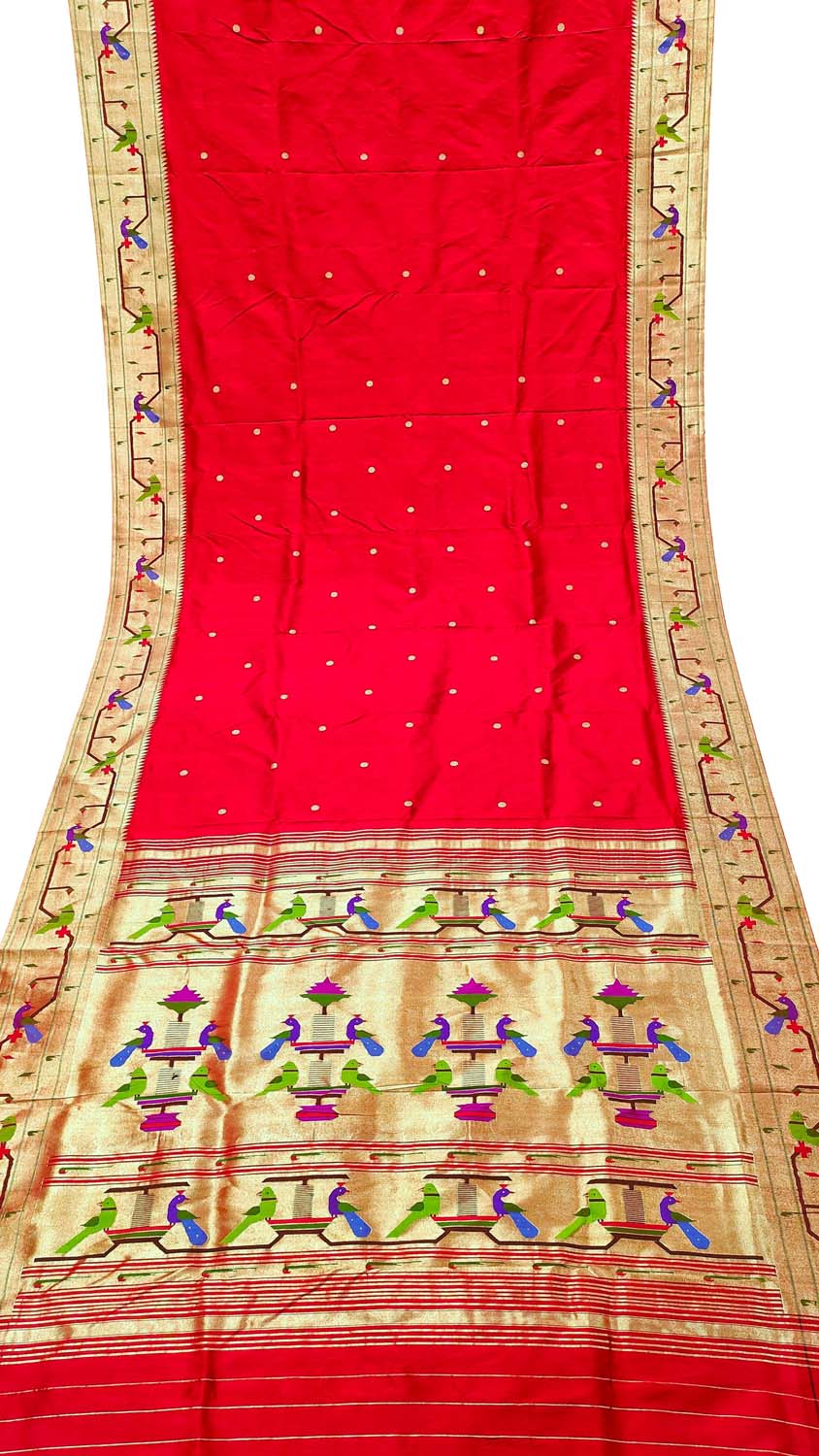 Red Paithani Handloom Pure Silk Muniya Border Flower And Peacock Design Saree - Luxurion World