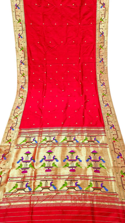 Red Paithani Handloom Pure Silk Muniya Border Flower And Peacock Design Saree - Luxurion World
