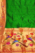 Green Paithani Handloom Pure Silk Muniya Border Flower And Parrot Design Saree - Luxurion World