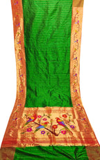 Green Paithani Handloom Pure Silk Muniya Border Flower And Parrot Design Saree - Luxurion World