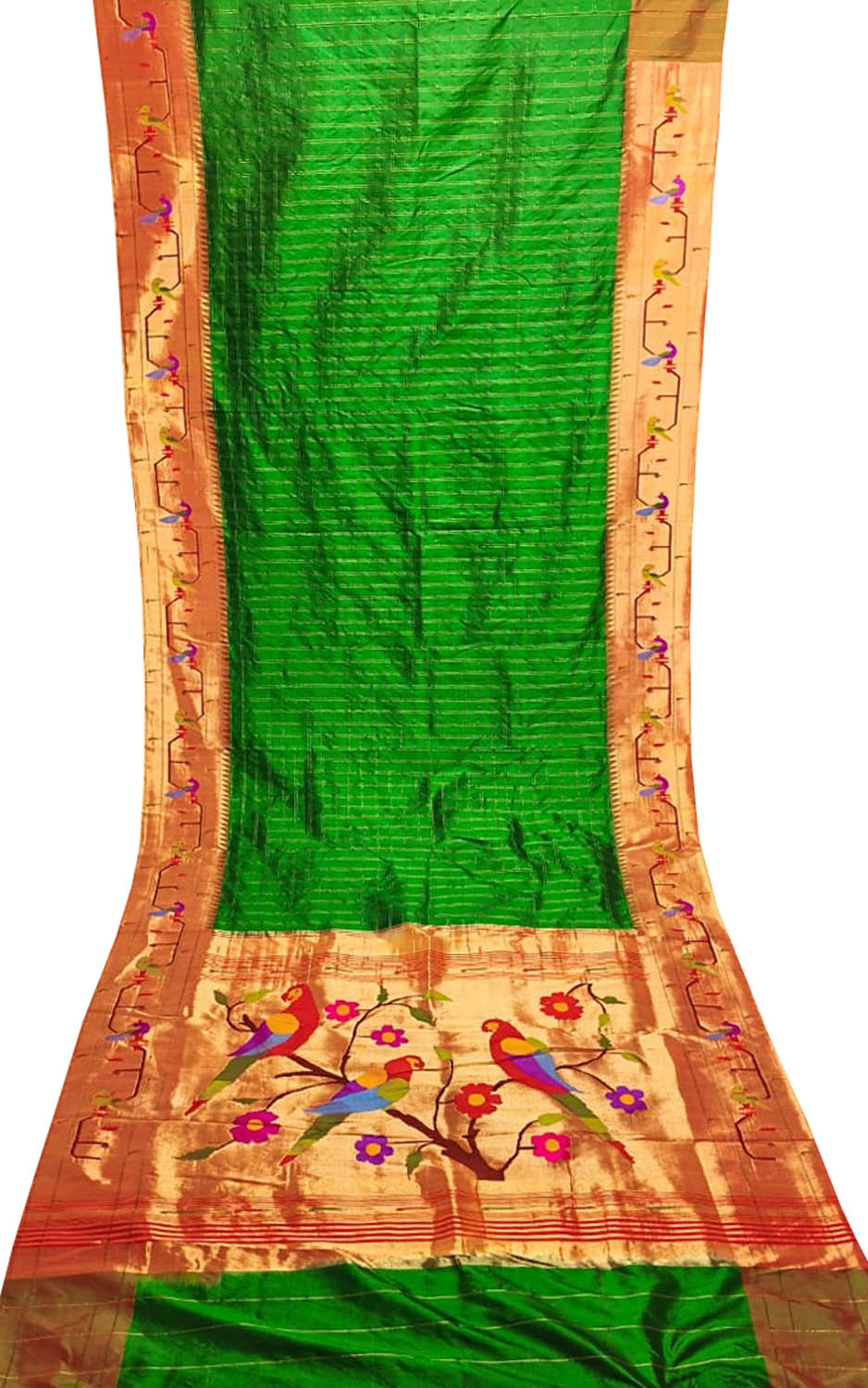 Green Paithani Handloom Pure Silk Muniya Border Flower And Parrot Design Saree - Luxurion World