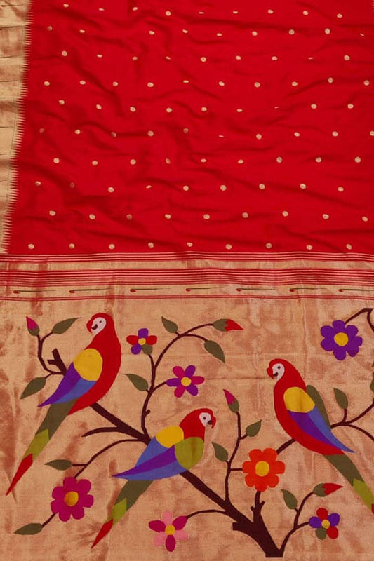 Red Paithani Handloom Pure Silk Saree - Luxurion World
