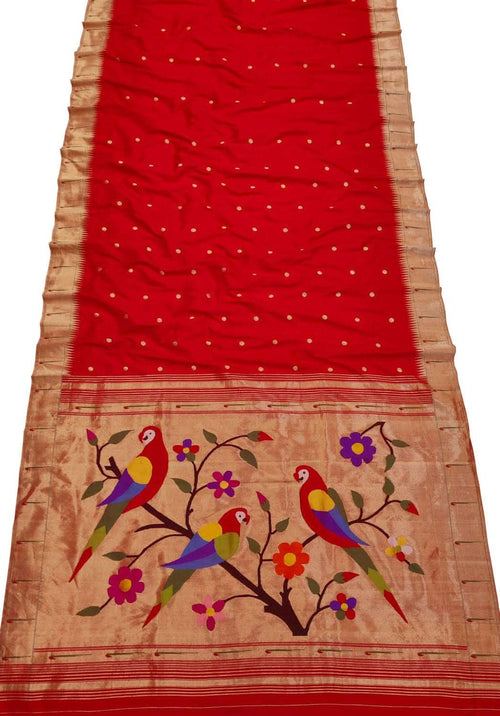 Red Paithani Handloom Pure Silk Saree - Luxurion World