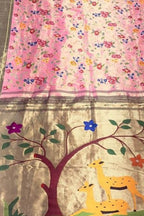 Exquisite Pink Paithani Pure Silk Muniya Border Handloom Pure Silk Saree With Petit Point Work - Luxurion World