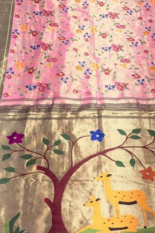 Exquisite Pink Paithani Pure Silk Muniya Border Handloom Pure Silk Saree With Petit Point Work - Luxurion World