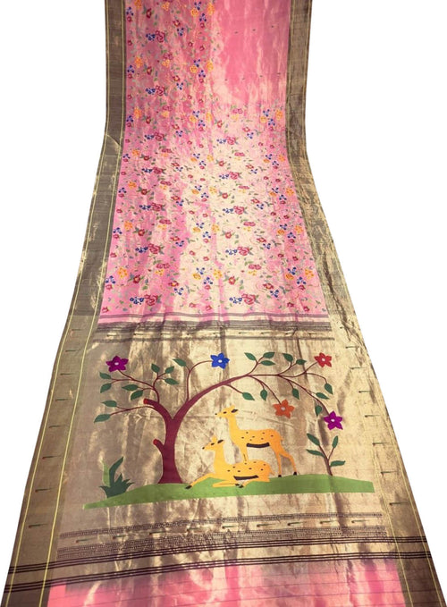 Exquisite Pink Paithani Pure Silk Muniya Border Handloom Pure Silk Saree With Petit Point Work - Luxurion World