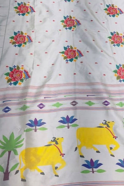 Silver Paithani Pure Silk Muniya Border Handloom Pure Silk Saree With Petit Point Work - Luxurion World