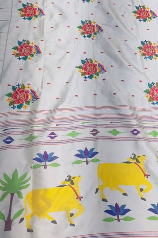 Silver Paithani Pure Silk Muniya Border Handloom Pure Silk Saree With Petit Point Work - Luxurion World