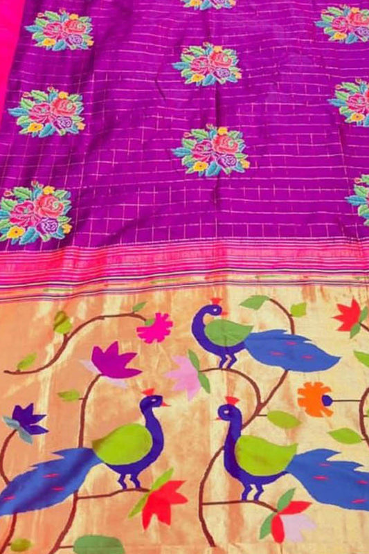 Exquisite Purple Paithani Pure Silk Muniya Border Handloom Pure Silk Saree With Petit Point Work - Luxurion World