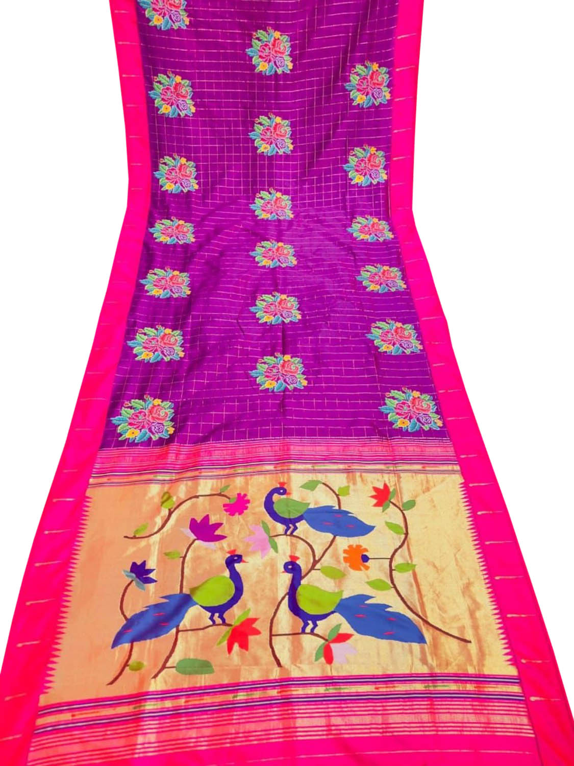 Exquisite Purple Paithani Pure Silk Muniya Border Handloom Pure Silk Saree With Petit Point Work - Luxurion World