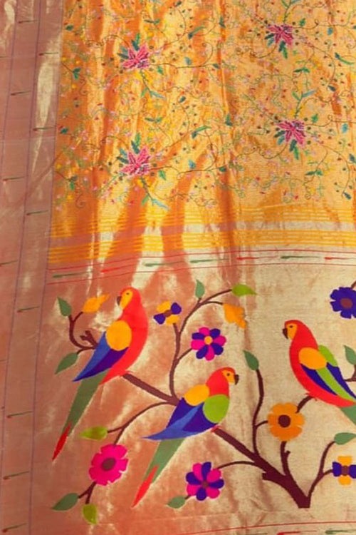 Yellow Paithani Pure Silk Muniya Border Handloom Pure Silk Saree With Petit Point Work - Luxurion World