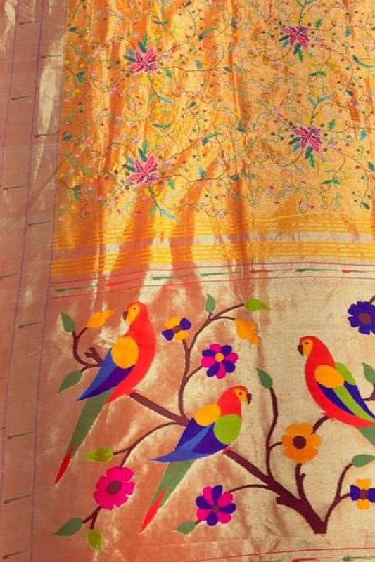 Yellow Paithani Pure Silk Muniya Border Handloom Pure Silk Saree With Petit Point Work - Luxurion World