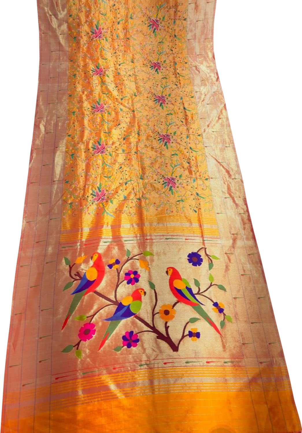 Yellow Paithani Pure Silk Muniya Border Handloom Pure Silk Saree With Petit Point Work - Luxurion World