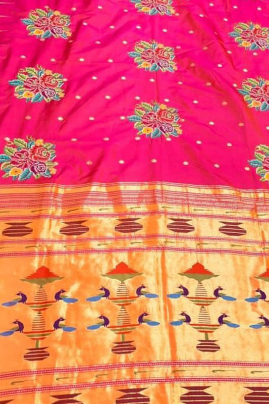 Exquisite Pink Paithani Pure Silk Muniya Border Handloom Pure Silk Saree With Petit Point Work - Luxurion World