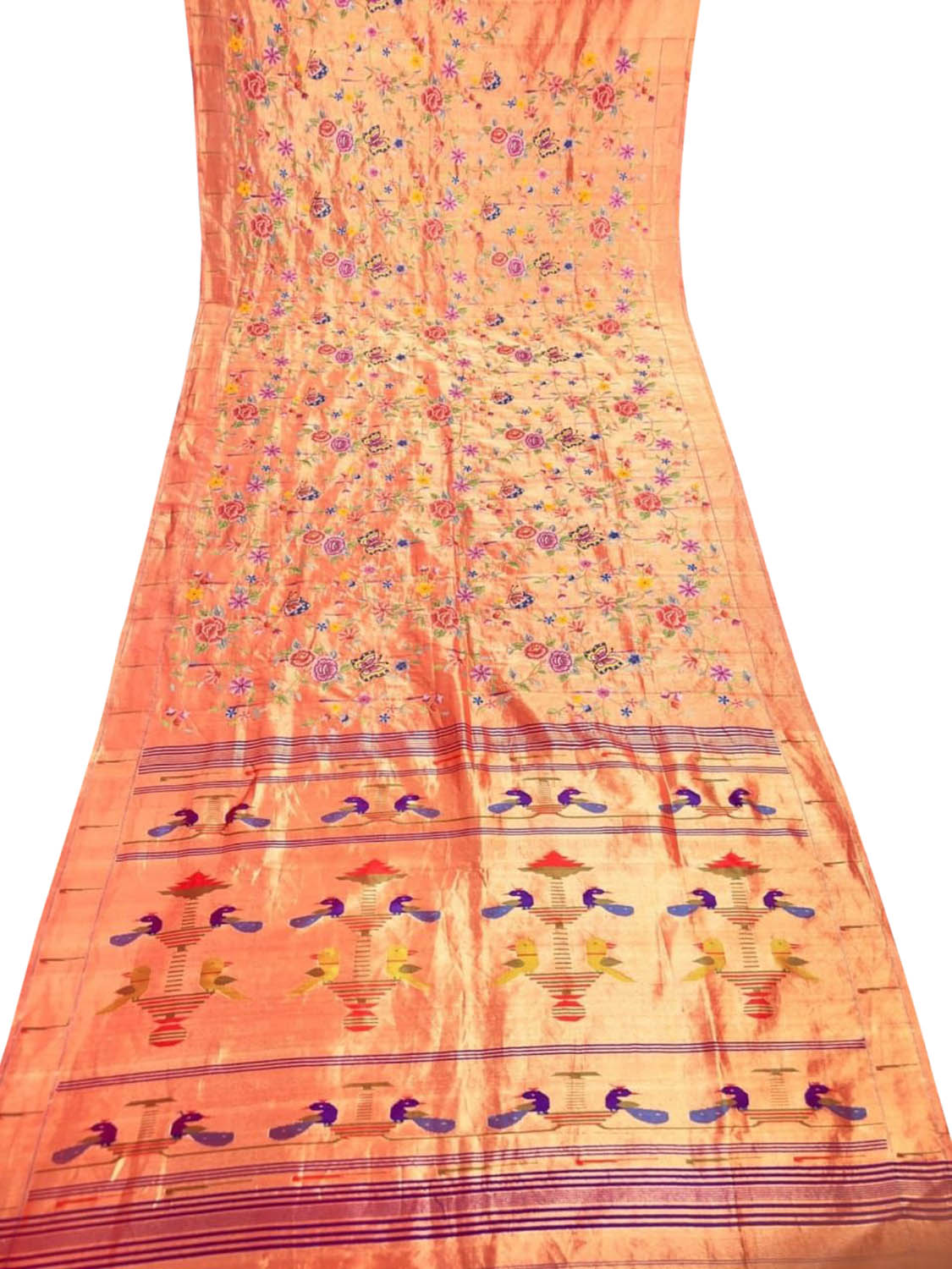 Exquisite Golden Paithani Pure Silk Muniya Border Handloom Pure Silk Saree With Petit Point Work - Luxurion World